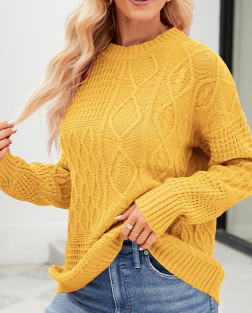 Diamond Cable Knit Crewneck Sweater - Yellow