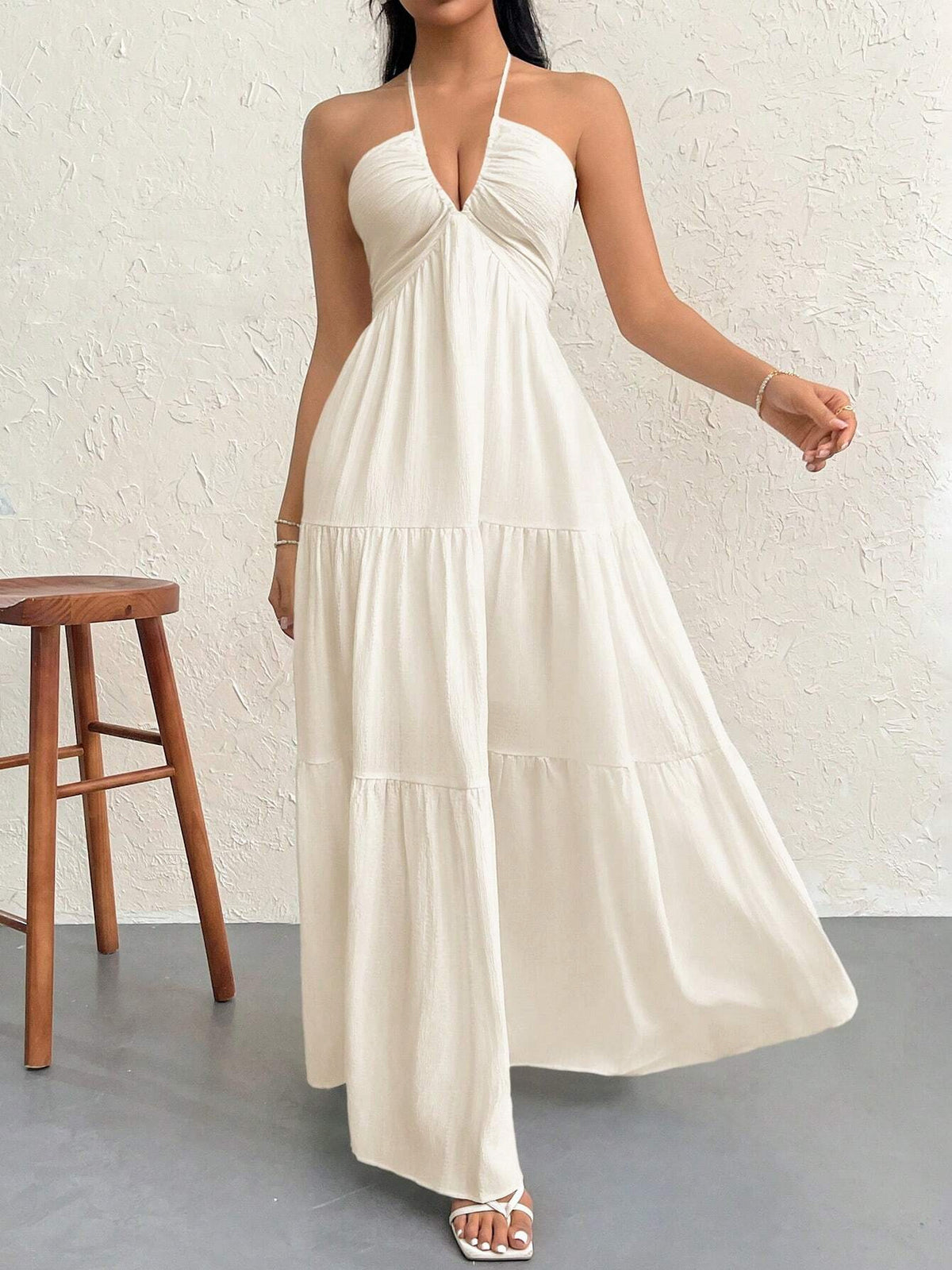 Tiered Halter Maxi Dress With Open Back - White