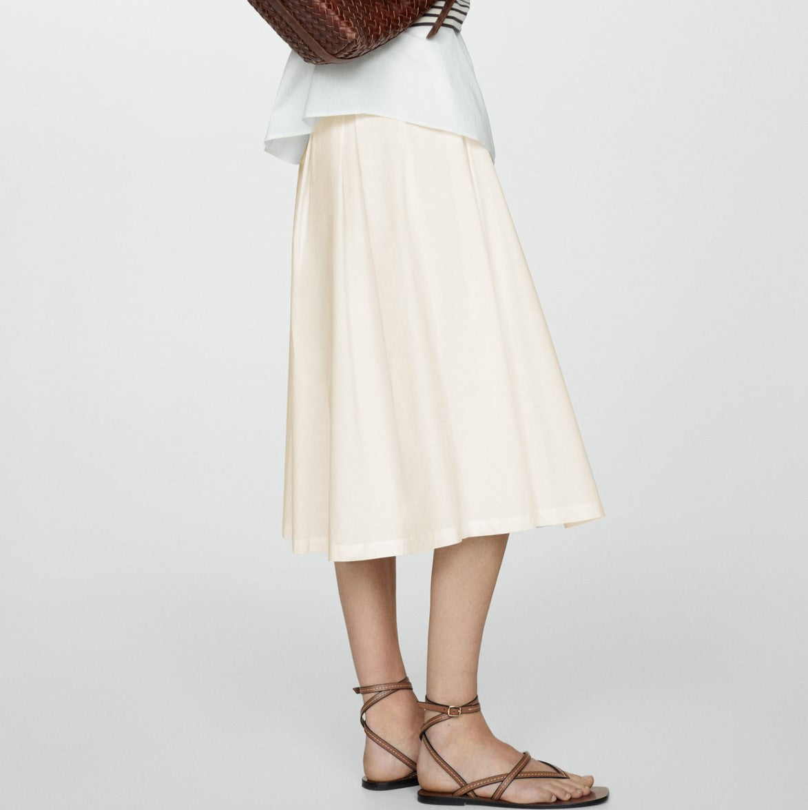 High Waist Pleated Full Midi Skirt - Beige - 1