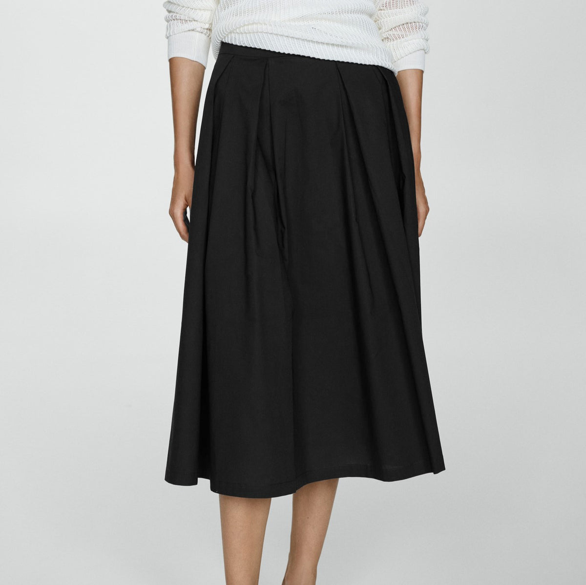 High Waist Pleated Full Midi Skirt - Black - 1