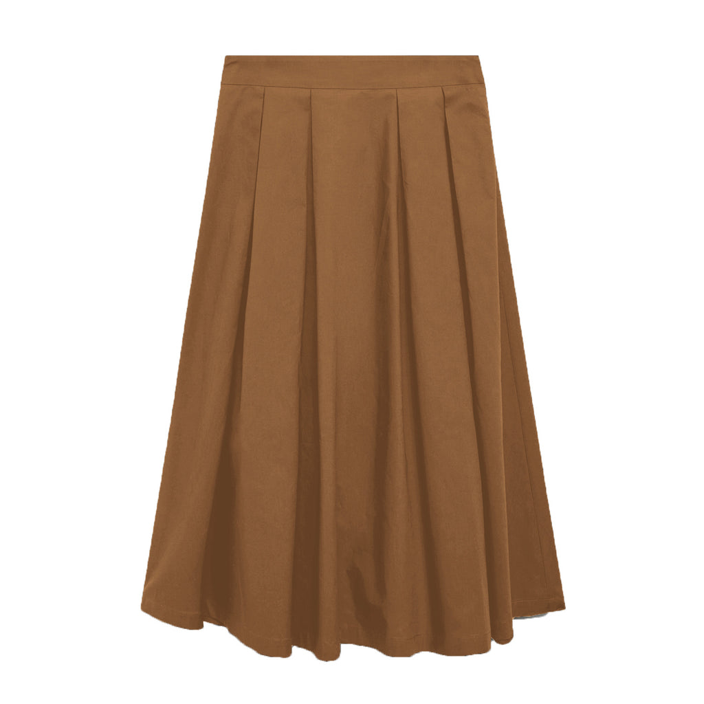 High Waist Pleated Full Midi Skirt - Brown