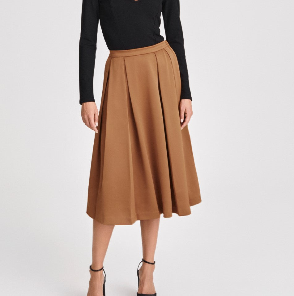 High Waist Pleated Full Midi Skirt - Brown - 1