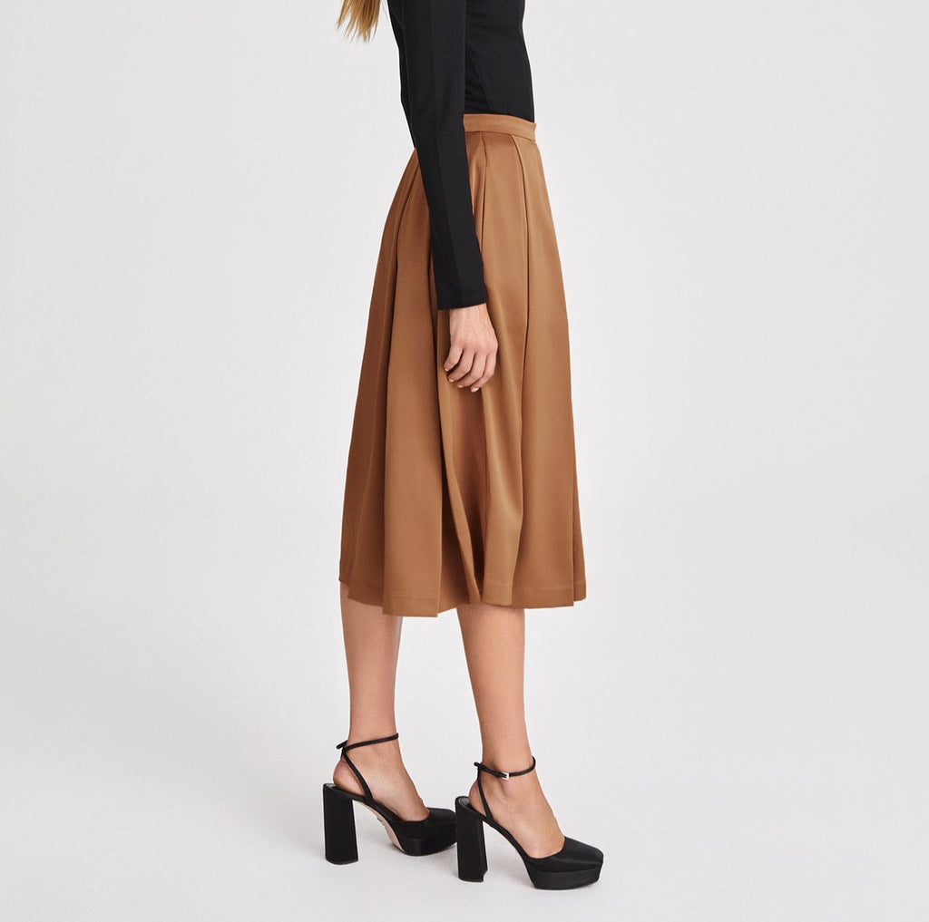 High Waist Pleated Full Midi Skirt - Brown - 2