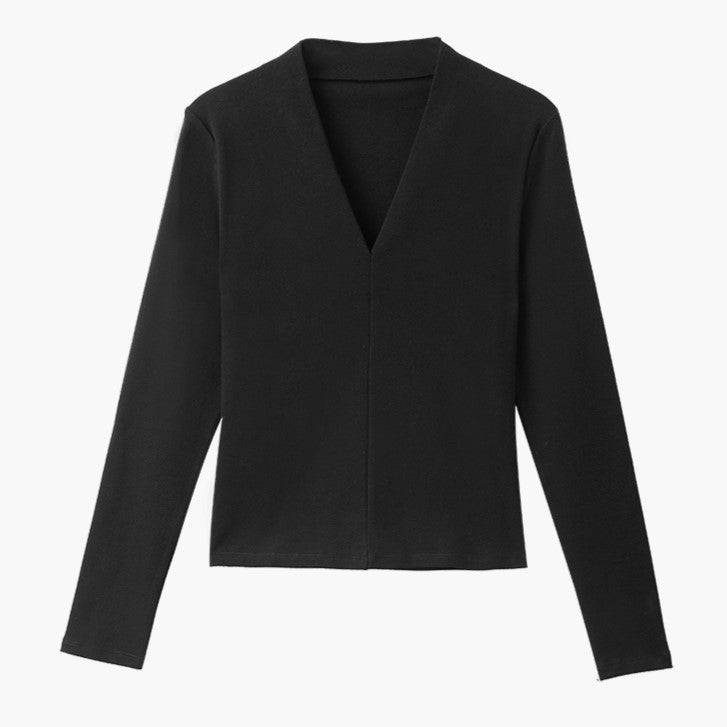 Deep V Neck Fitted Fleece Knit Top - Black