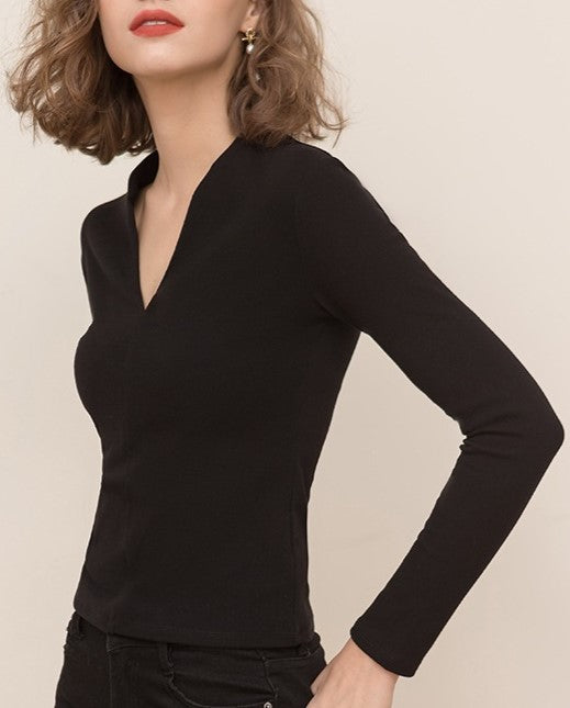Deep V Neck Fitted Fleece Knit Top - Black - 1
