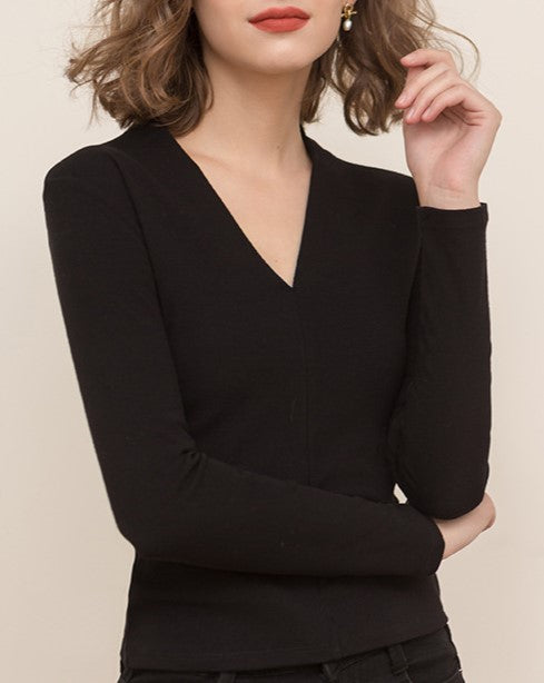 Deep V Neck Fitted Fleece Knit Top - Black - 2