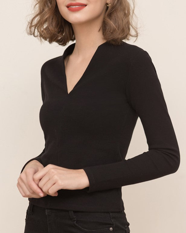 Deep V Neck Fitted Fleece Knit Top - Black - 3