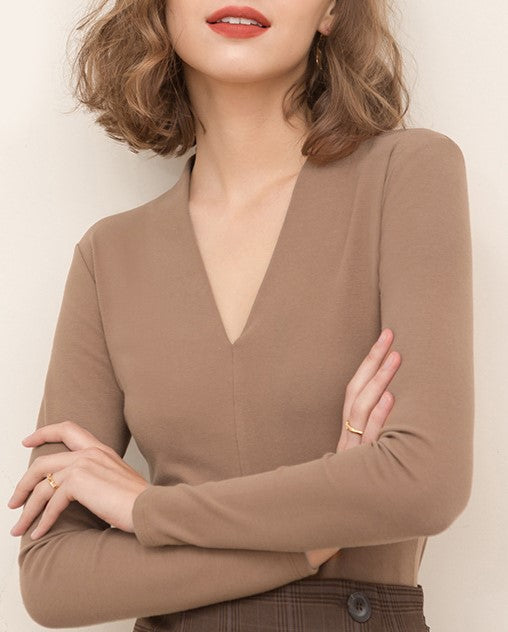 Deep V Neck Fitted Fleece Knit Top