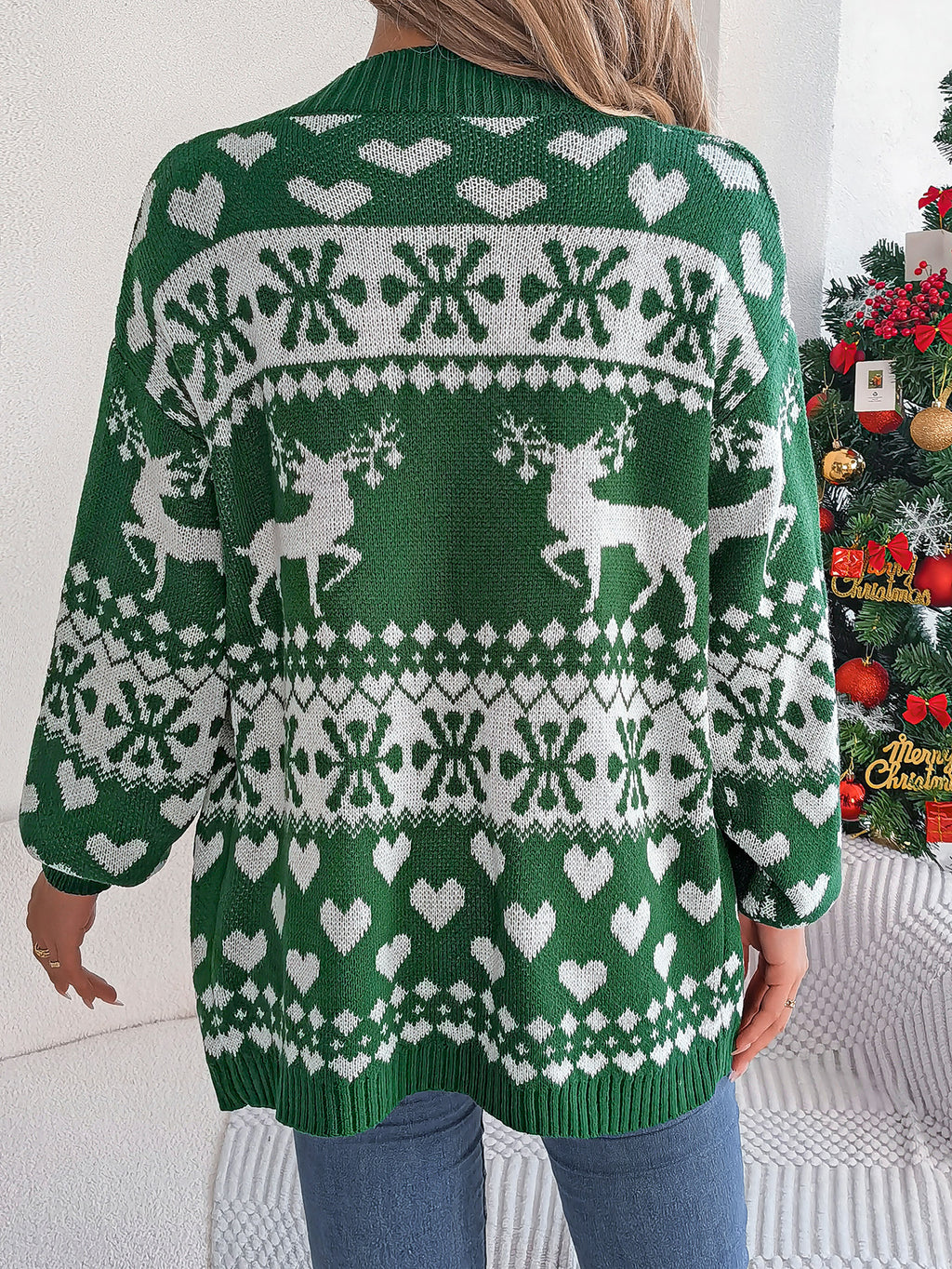 Fair Isle Reindeer Snowflake Knit Cardigan - Green - 2
