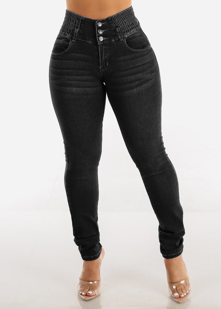 High Waist Stacked Button Skinny Jeans - Black