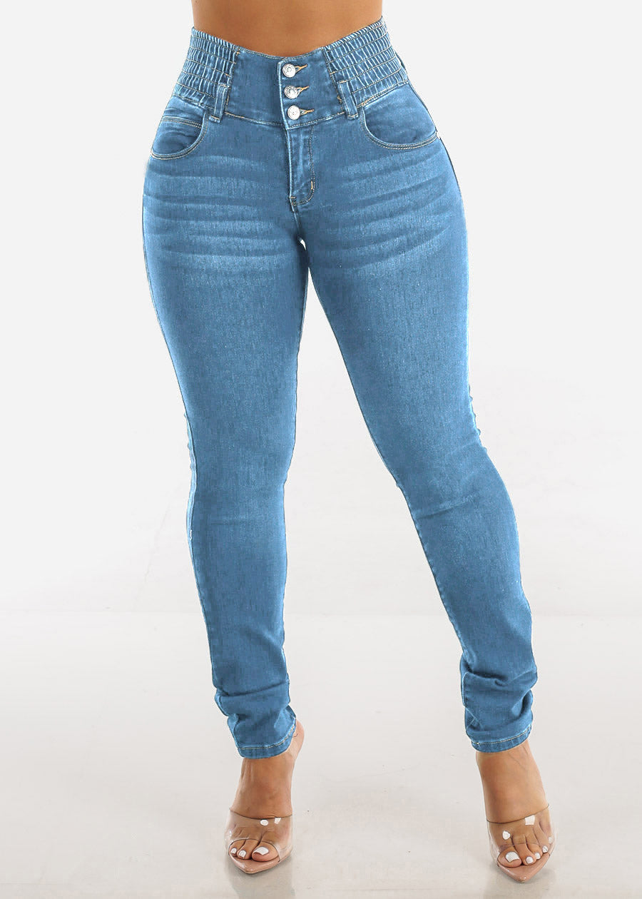 High Waist Stacked Button Skinny Jeans - Light_Blue
