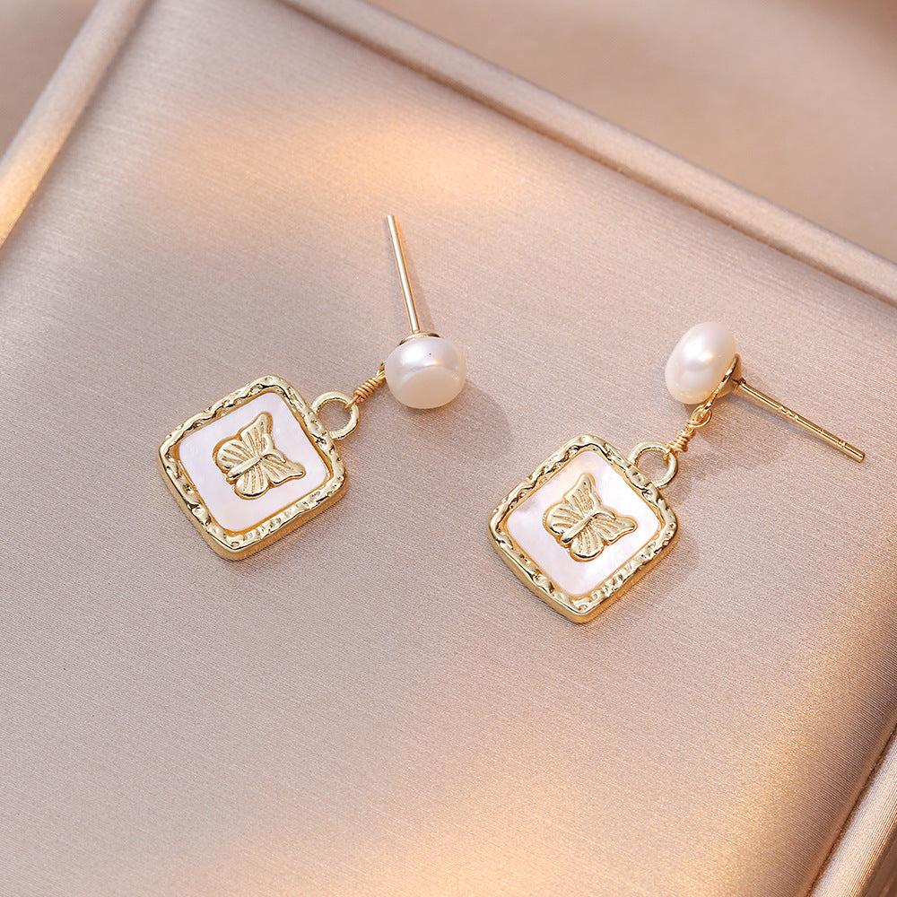 Butterfly Square Charm Pearl Drop Earrings - Gold