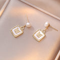 Butterfly Square Charm Pearl Drop Earrings - Gold