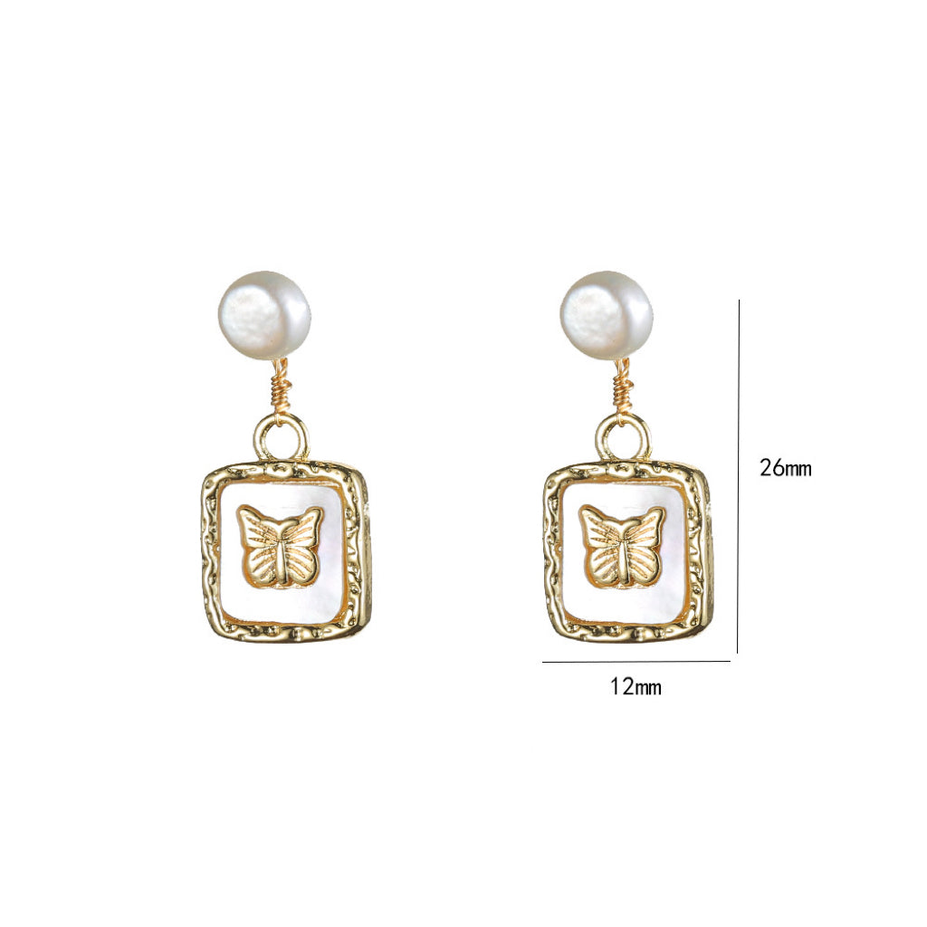 Butterfly Square Charm Pearl Drop Earrings - Gold - 1