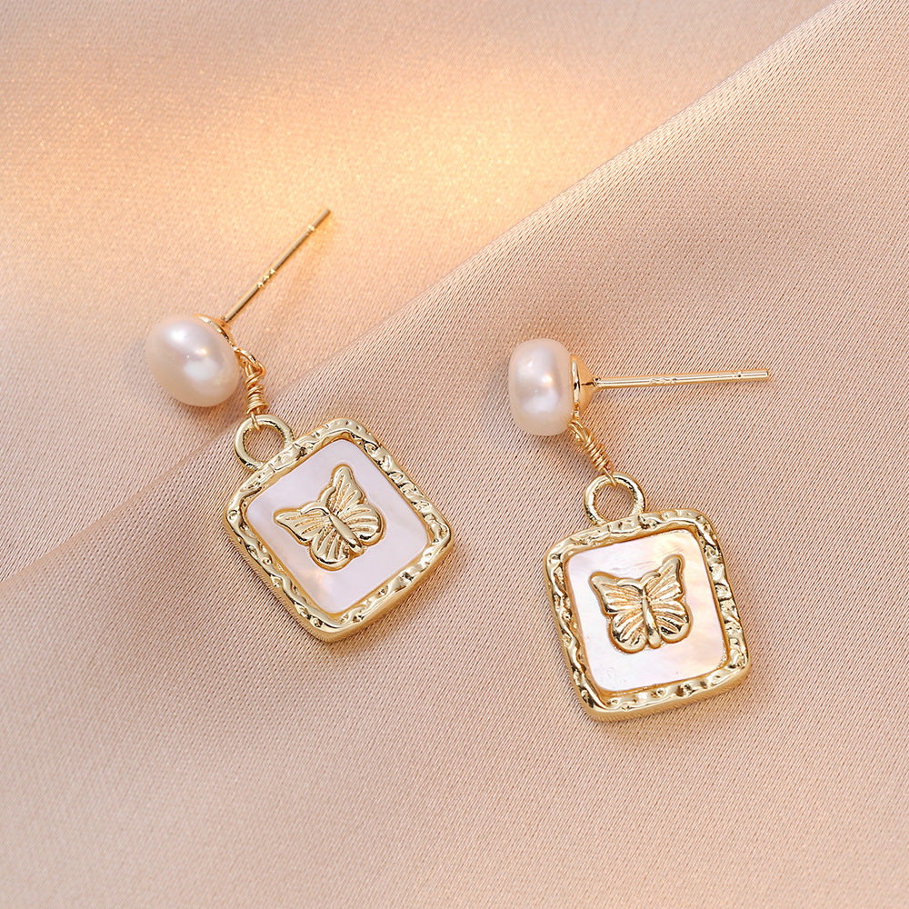 Butterfly Square Charm Pearl Drop Earrings - view 1