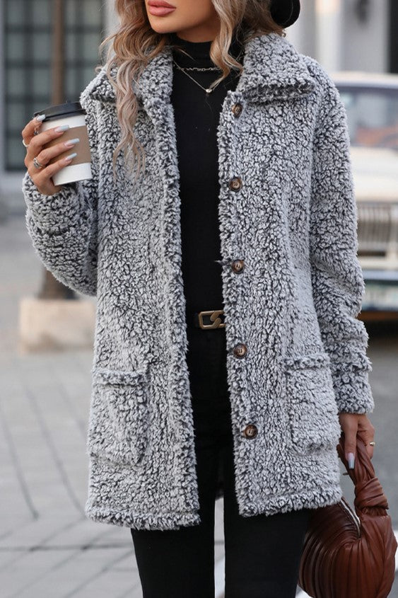 Marled Sherpa Button Front Longline Coat - black