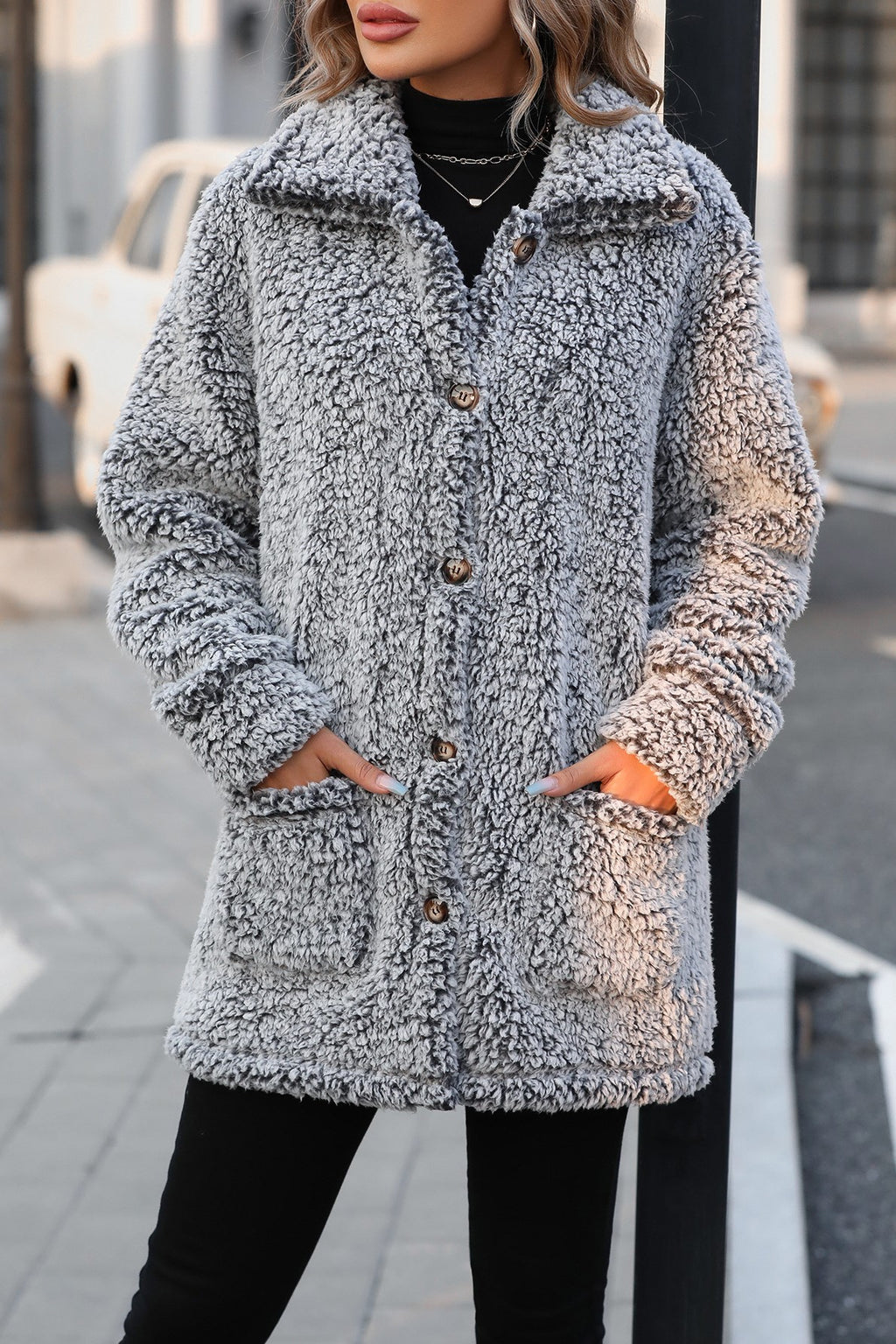 Marled Sherpa Button Front Longline Coat - black - 1