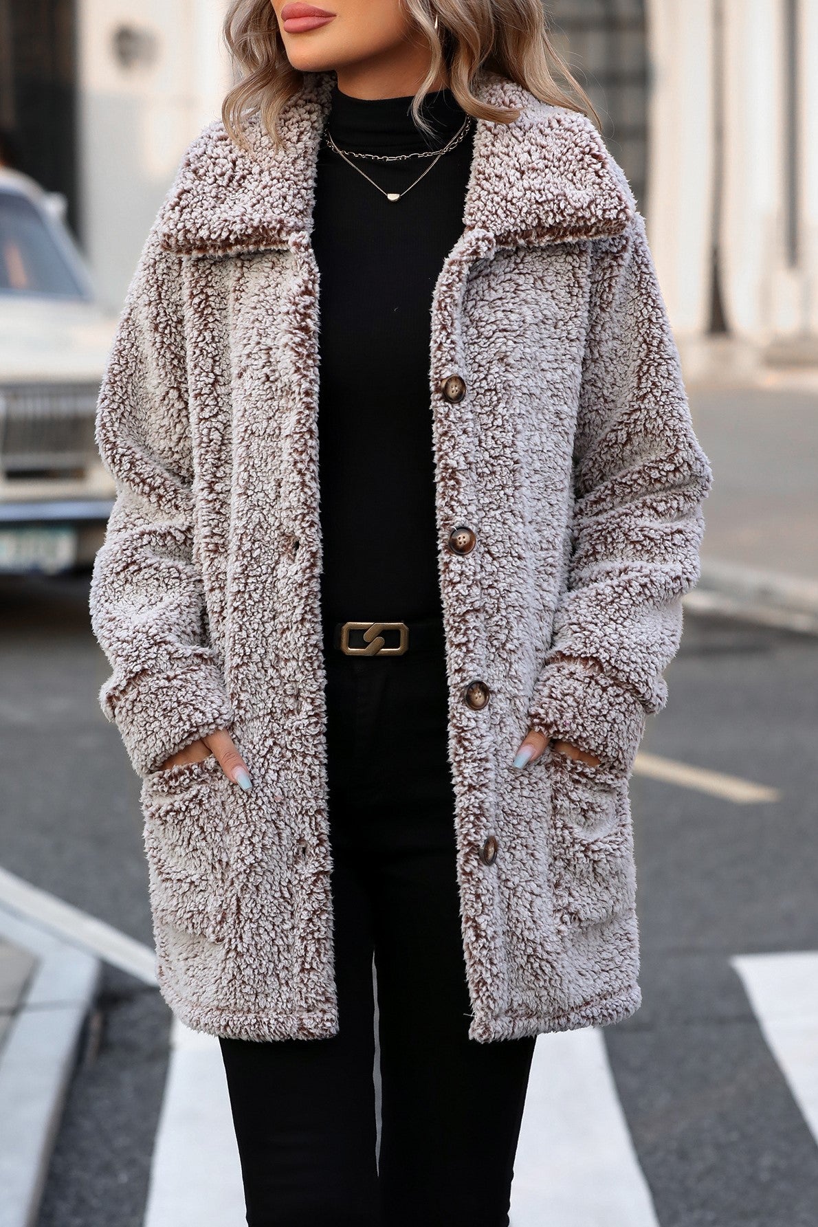 Marled Sherpa Button Front Longline Coat - coffee