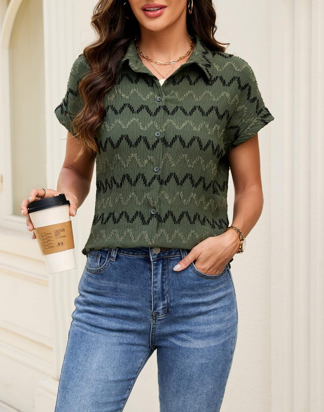 Textured Chevron Short Sleeve Button Down Shirt - Green - 1
