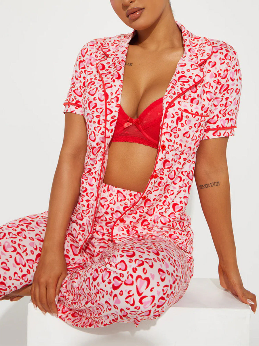 Heart Leopard Print Pajama Set - Red
