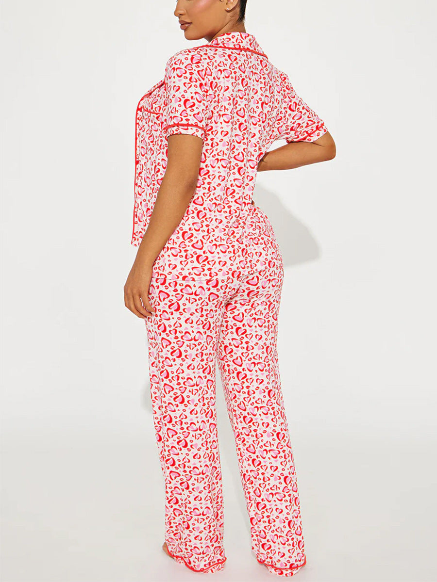 Heart Leopard Print Pajama Set - Red - 2