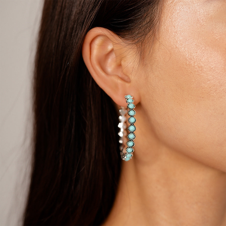 Turquoise Stone Beaded Hoop Earrings - Blue