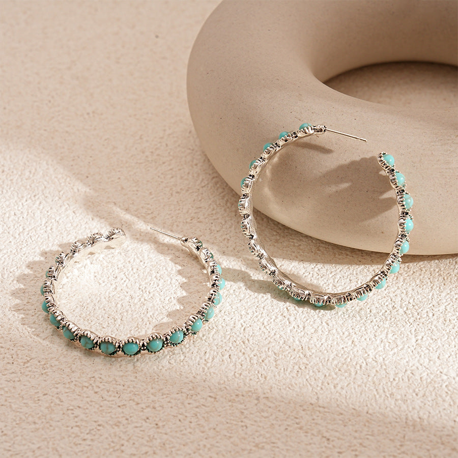 Turquoise Stone Beaded Hoop Earrings - Blue - 1