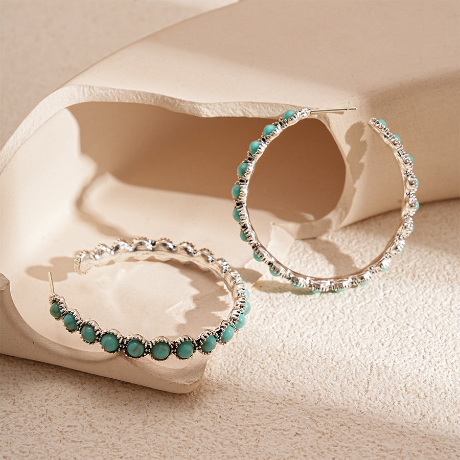 Turquoise Stone Beaded Hoop Earrings - Blue - 2
