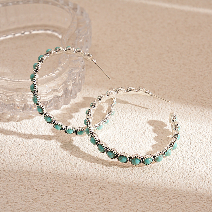 Turquoise Stone Beaded Hoop Earrings - Blue - 3