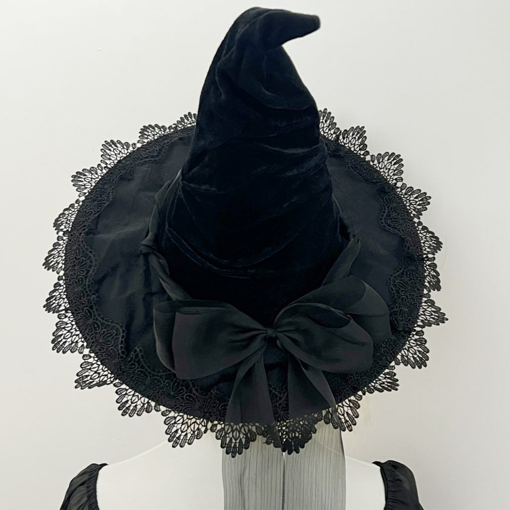 Lace Edged Witch Hat With Satin Bow Tails - Black