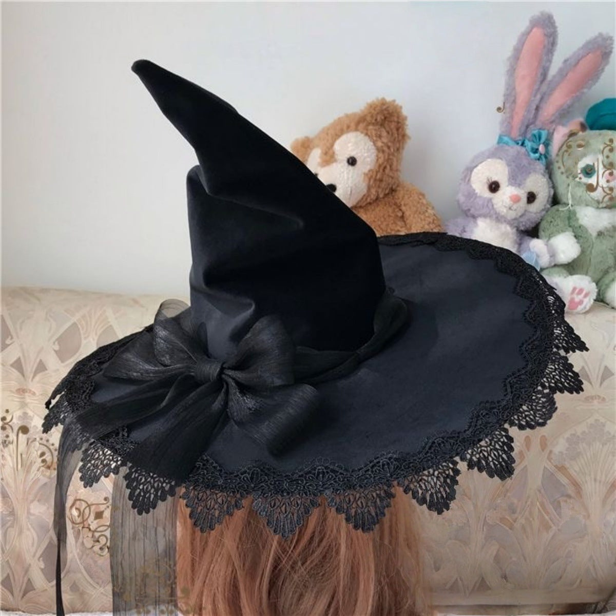 Lace Edged Witch Hat With Satin Bow Tails - Black - 1