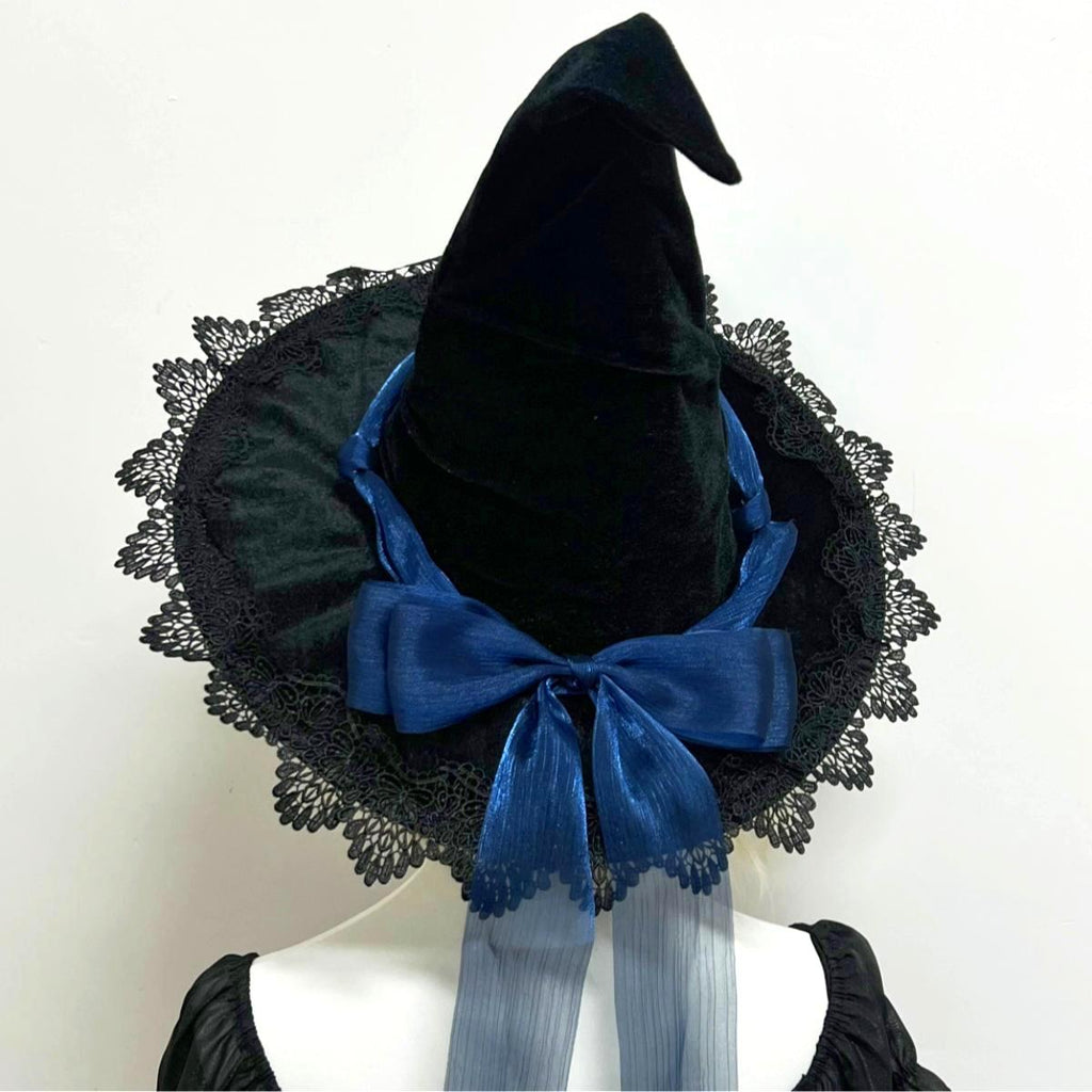 Lace Edged Witch Hat With Satin Bow Tails - DeepBlue