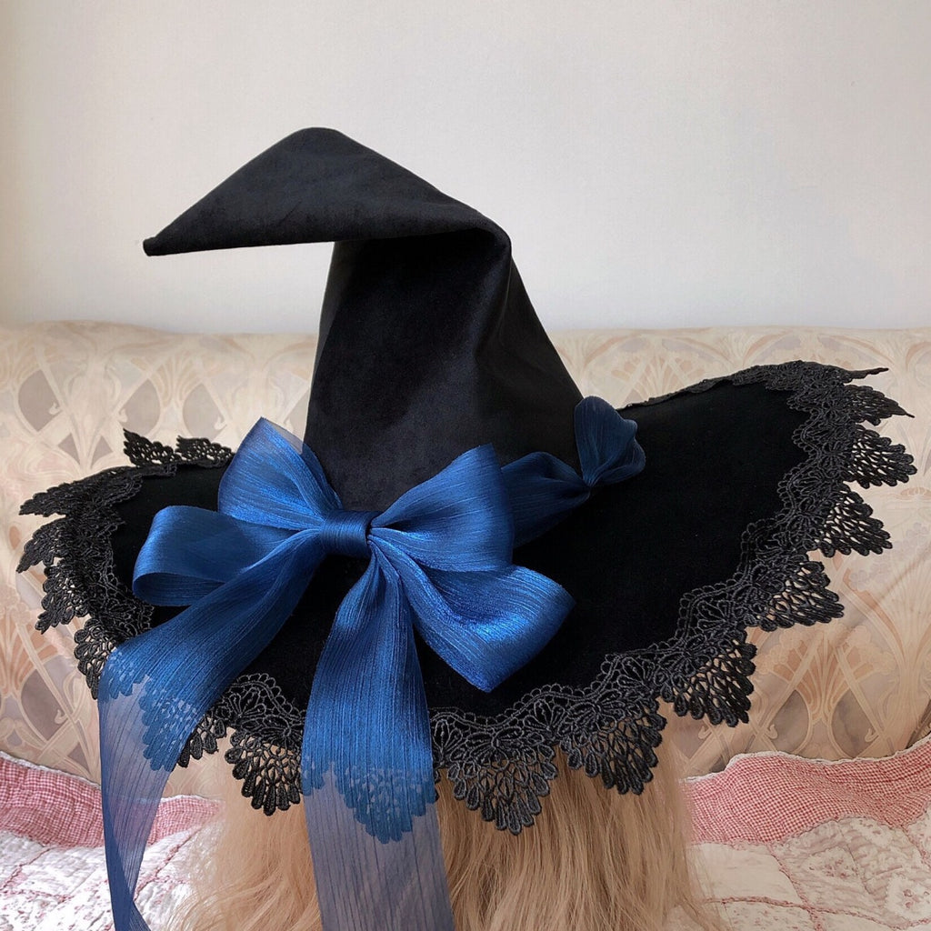 Lace Edged Witch Hat With Satin Bow Tails - DeepBlue - 1