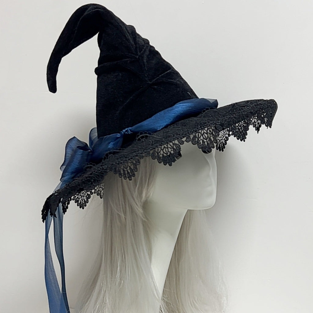 Lace Edged Witch Hat With Satin Bow Tails - DeepBlue - 2