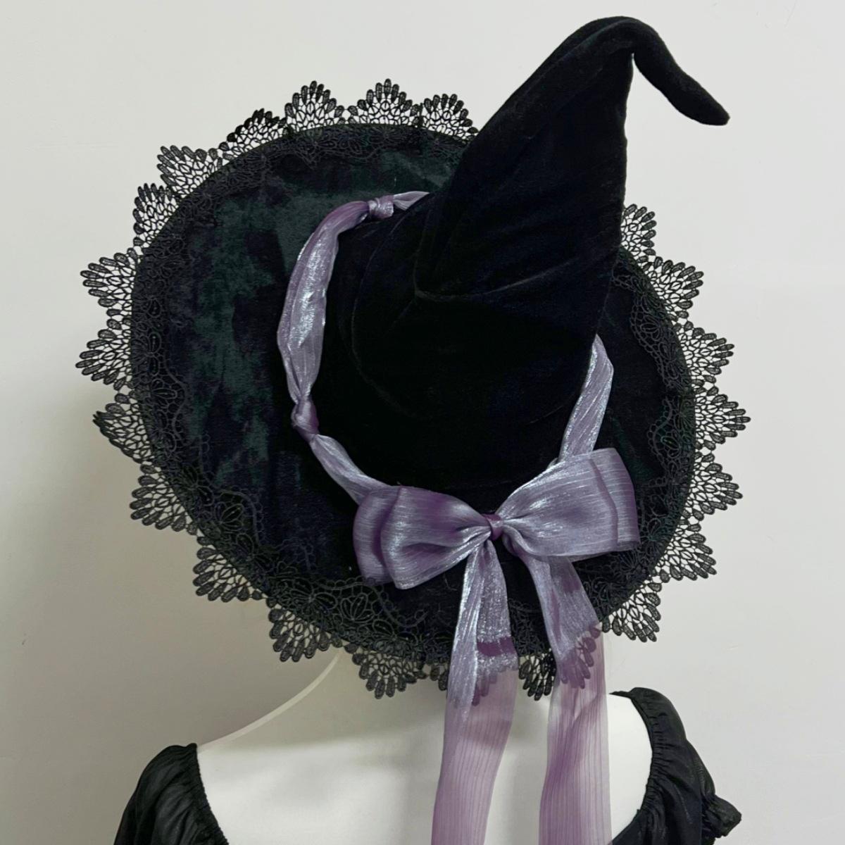 Lace Edged Witch Hat With Satin Bow Tails - Purple