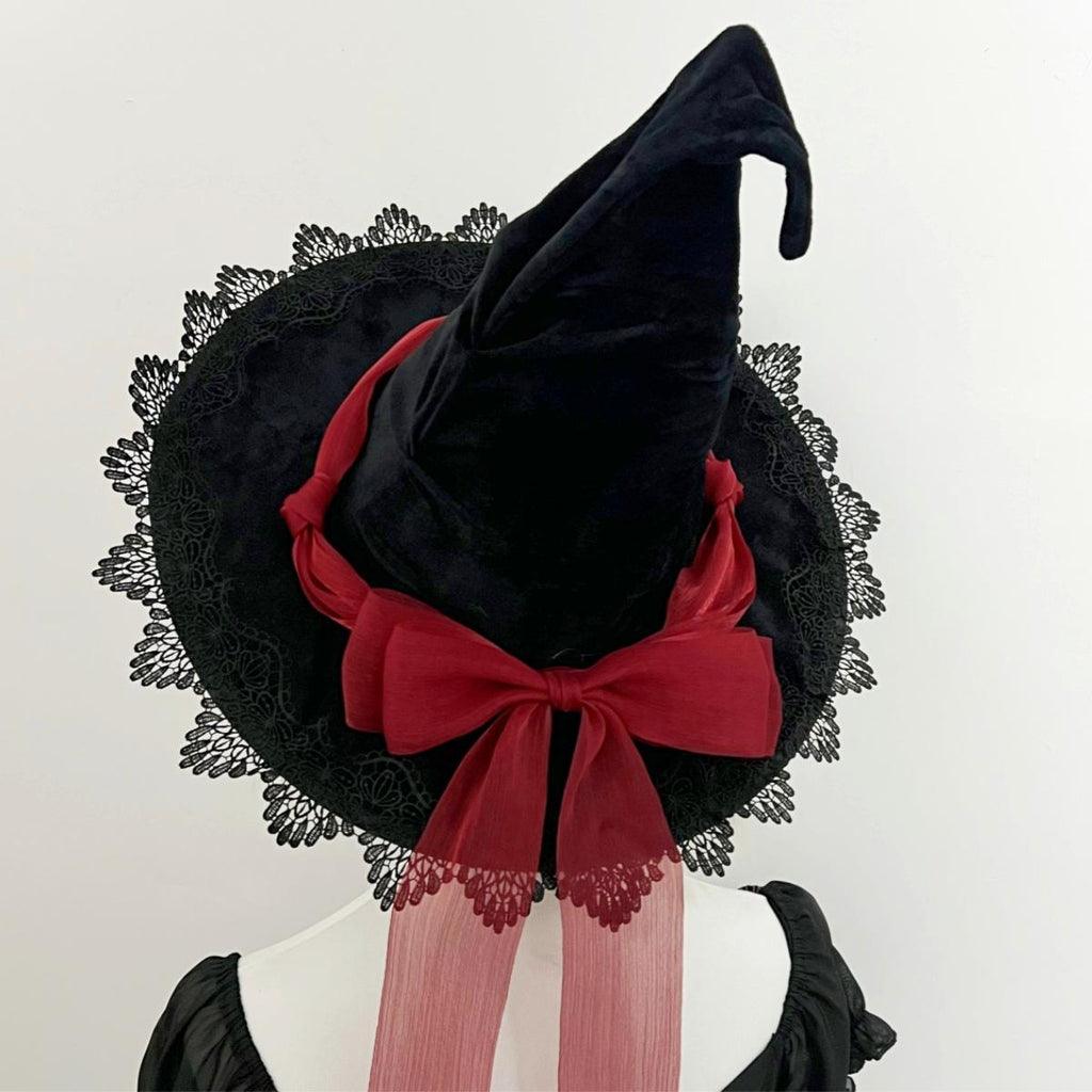 Lace Edged Witch Hat With Satin Bow Tails - Red