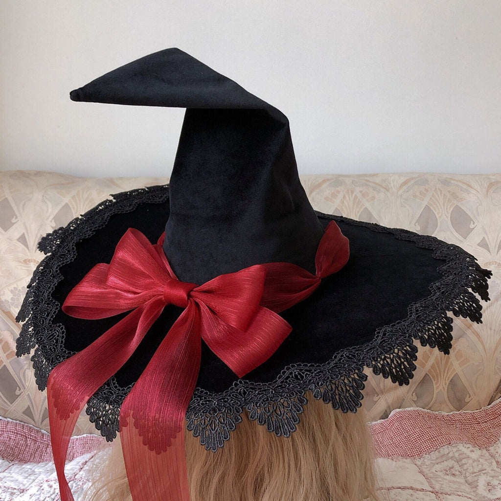 Lace Edged Witch Hat With Satin Bow Tails - Red - 1