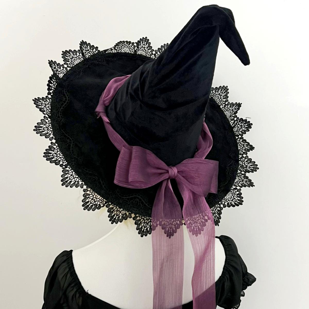 Lace Edged Witch Hat With Satin Bow Tails - Violet