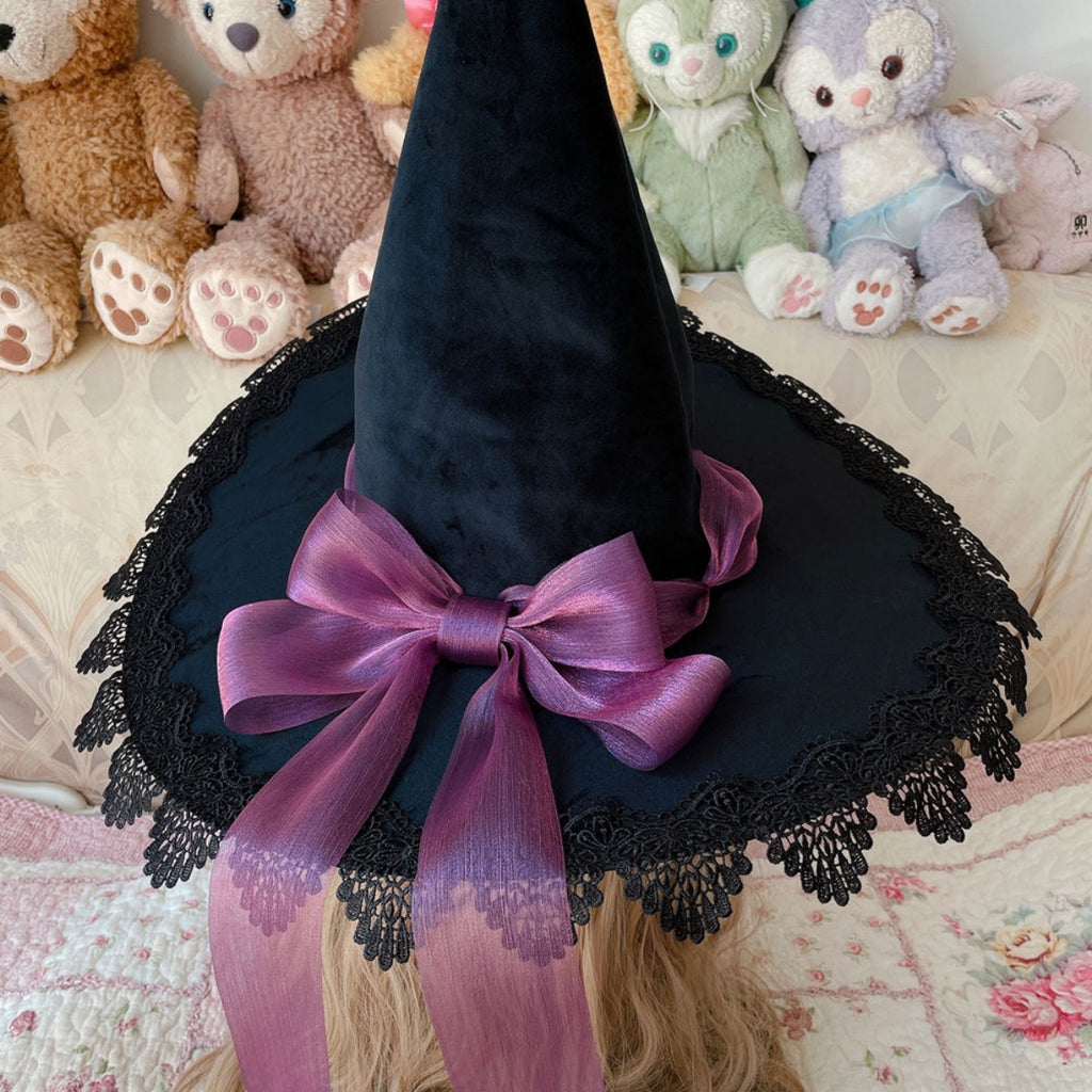 Lace Edged Witch Hat With Satin Bow Tails - Violet - 1