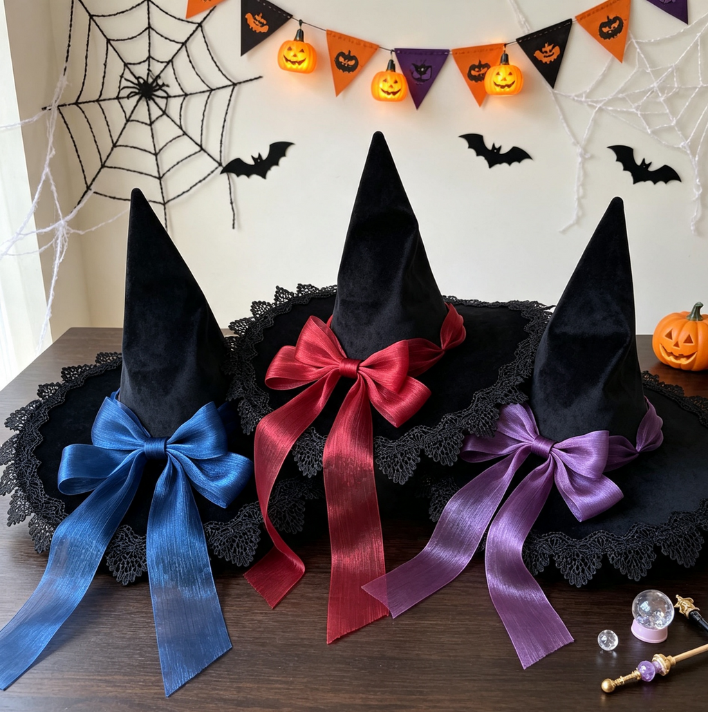 Lace Edged Witch Hat With Satin Bow Tails