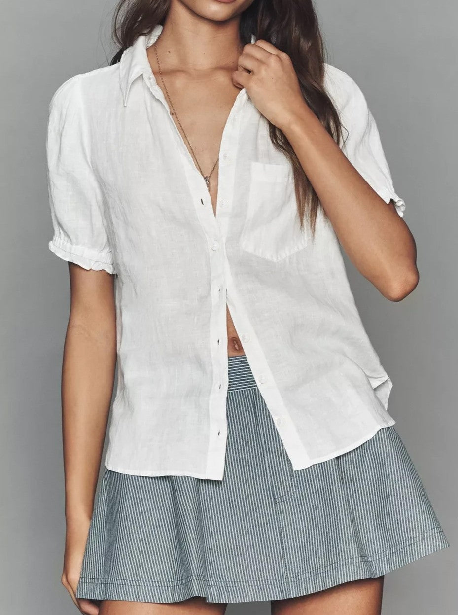 Relaxed Cotton Linen Shirt With Puff Sleeves - White