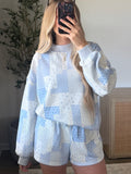 Quilt Patchwork Print Two Piece Short Set - Blue
