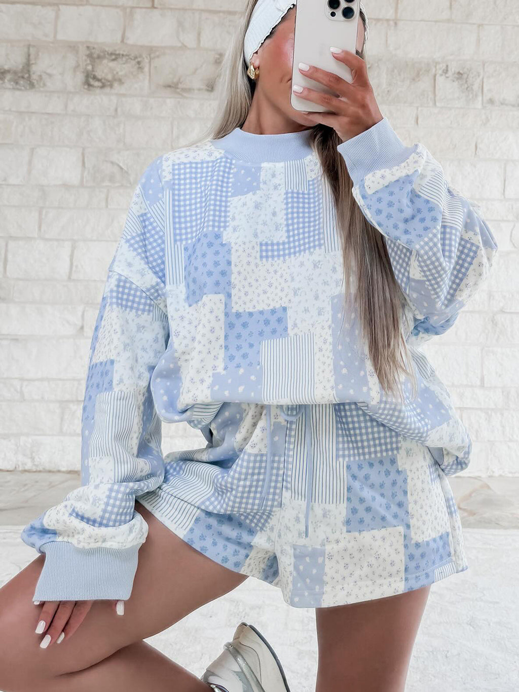 Quilt Patchwork Print Two Piece Short Set - Blue - 2