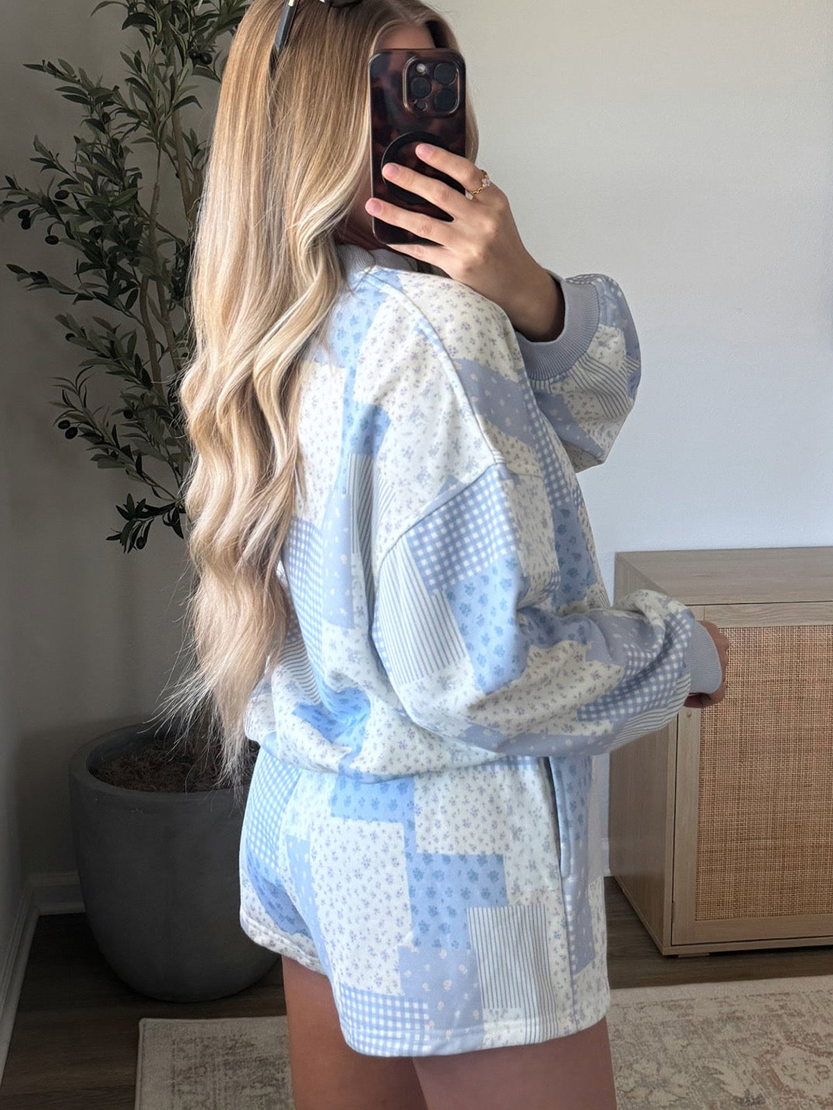 Quilt Patchwork Print Two Piece Short Set - Blue - 3