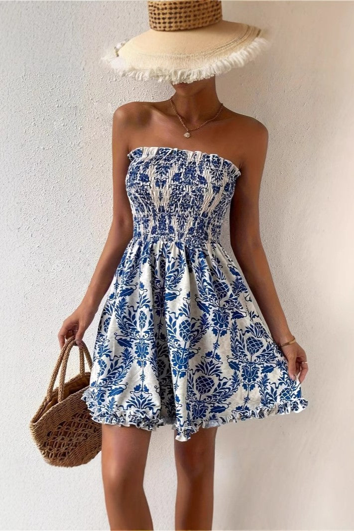 Strapless Smocked Bodice Flared Mini Dress - Blue