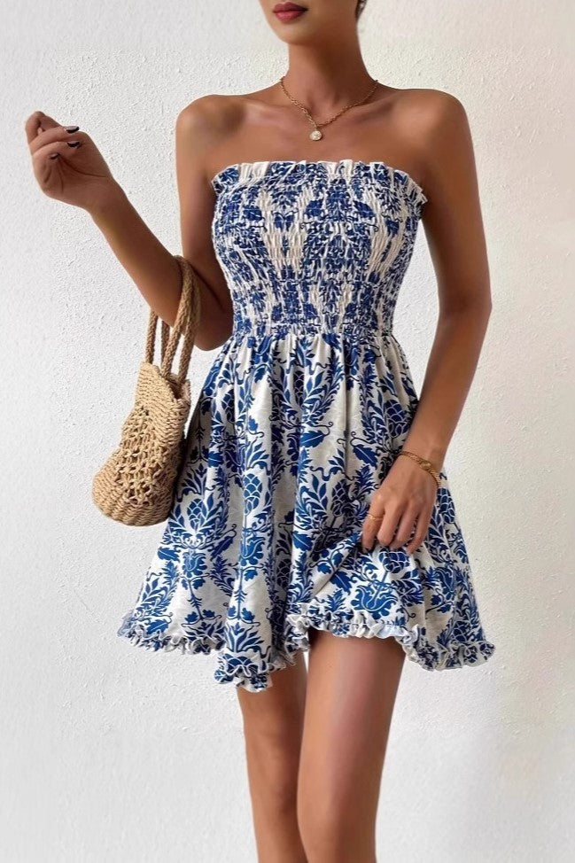 Strapless Smocked Bodice Flared Mini Dress - Blue - 1