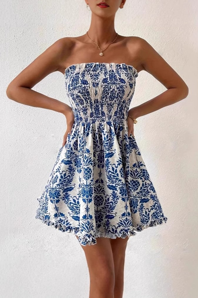 Strapless Smocked Bodice Flared Mini Dress - Blue - 2