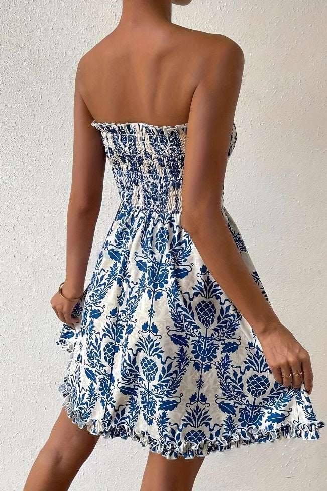 Strapless Smocked Bodice Flared Mini Dress - Blue - 3