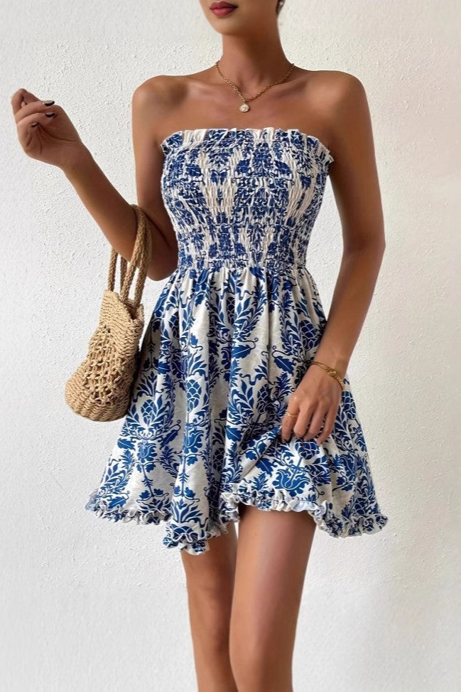 Strapless Smocked Bodice Flared Mini Dress - Blue - 4