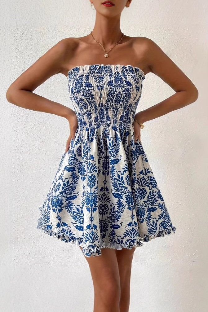 Strapless Smocked Bodice Flared Mini Dress - Blue - 5